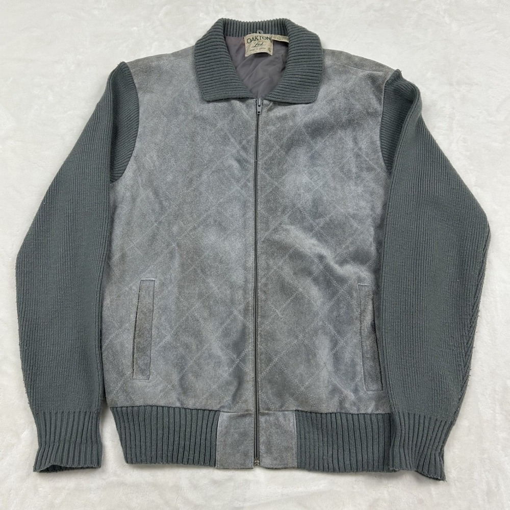Oakton Ltd Bomber Jacket Mens L Grey Suede Knit Sleeve Vintage Quilted Front